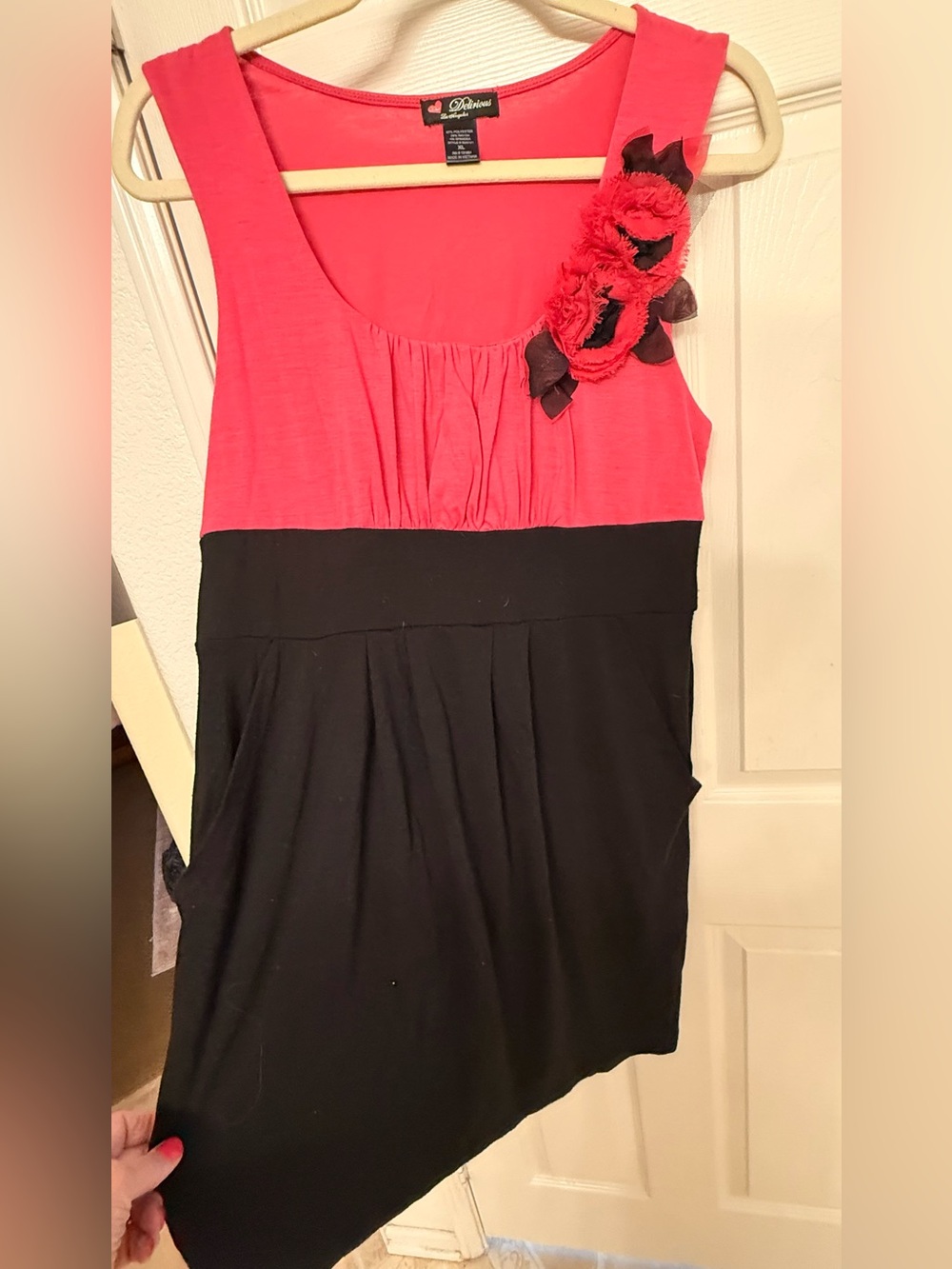 Pink and Black Sleeveless Tunic with Floral Accent.  Balloon bottom and pockets